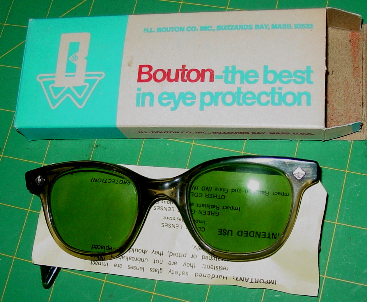 Vintage Bouton Safety Glasses 5948U Green Lenses 48mm Horn Rim Wayfarer NOS USA