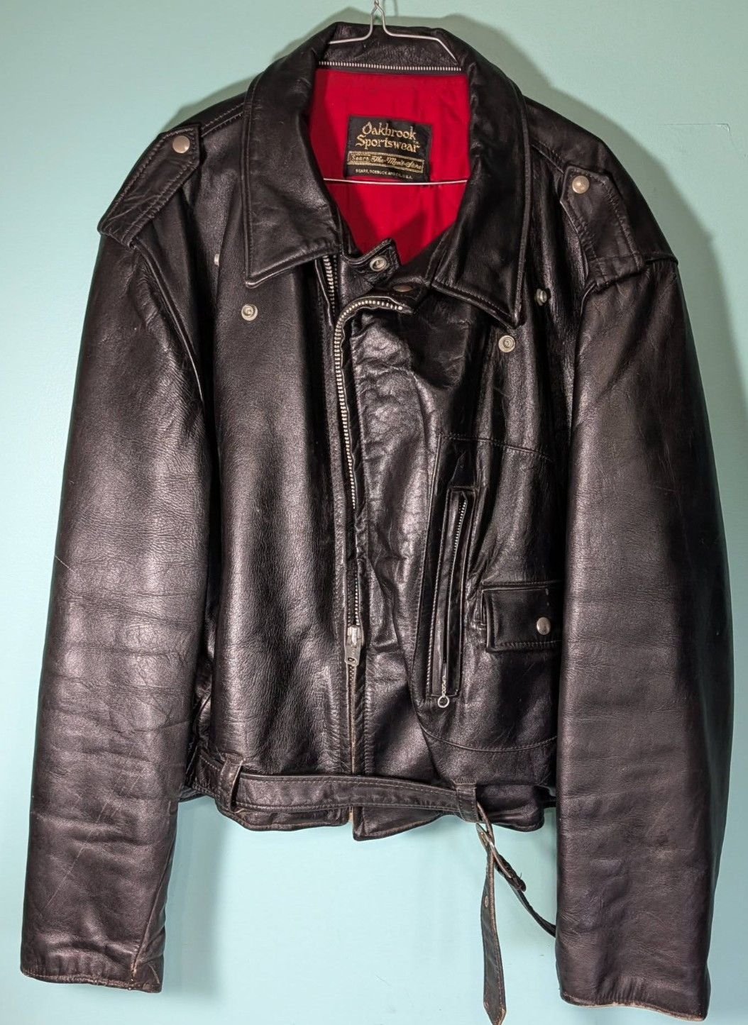 Vintage 1960’s Sears Oakbrook Black Leather Jacket Red Lining Size XL