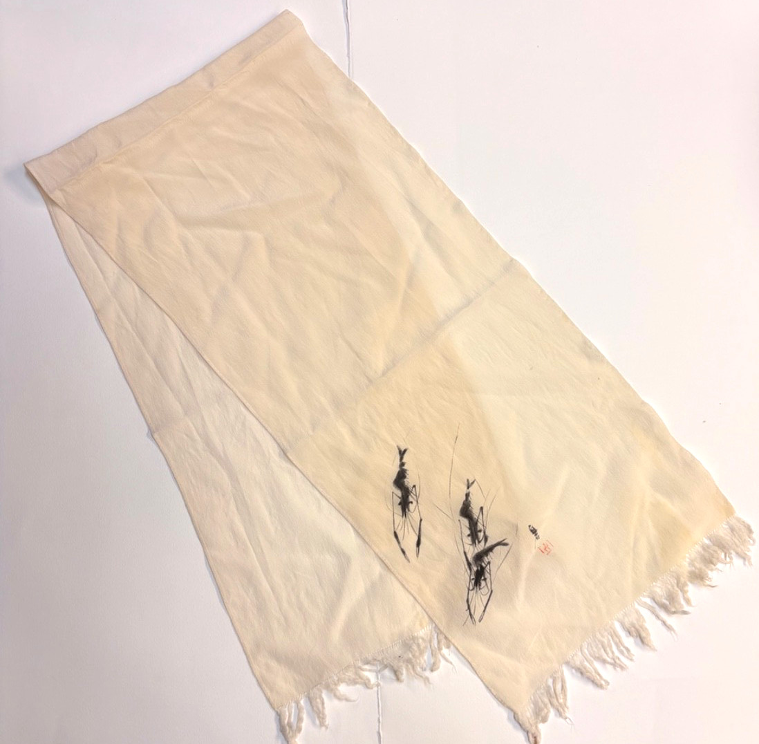 Vintage – Chinese Hand Painted Ink & Wash – Shrimp Scarf – 10 x 44 – Qi Baishi