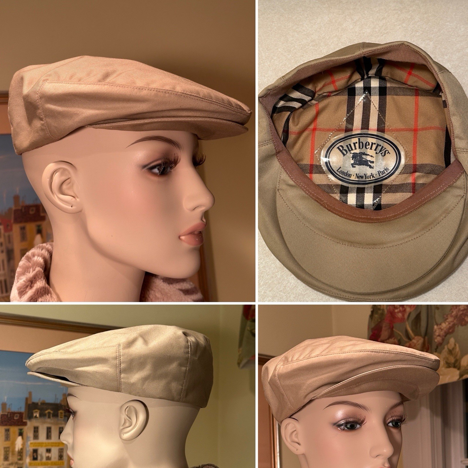 New Vtg BURBERRY Beige Cotton Nova Check Men’s 6-7/8 Small/Med Cabbie Hat Cap