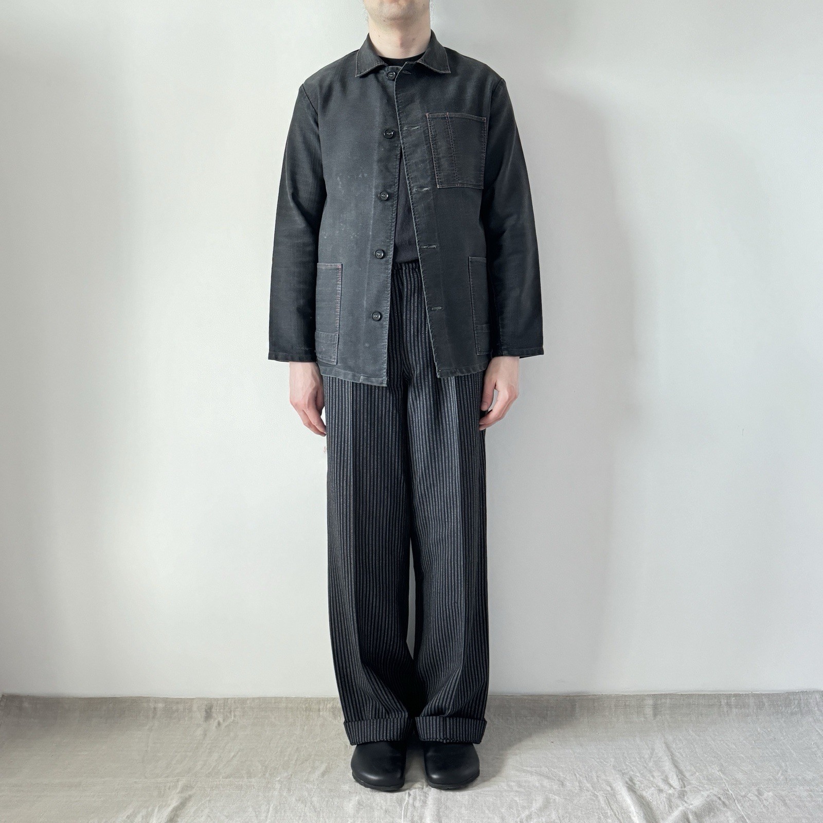 70s vintage Soviet workwear faded black moleskin French work jacket chore coat M