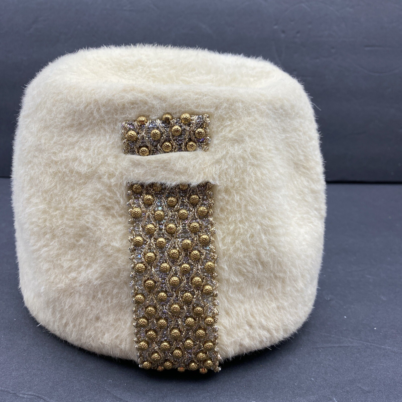 Vintage Ann Marie Cream Tall Structured Hat Beaded Accent USA Union 1960s MCM