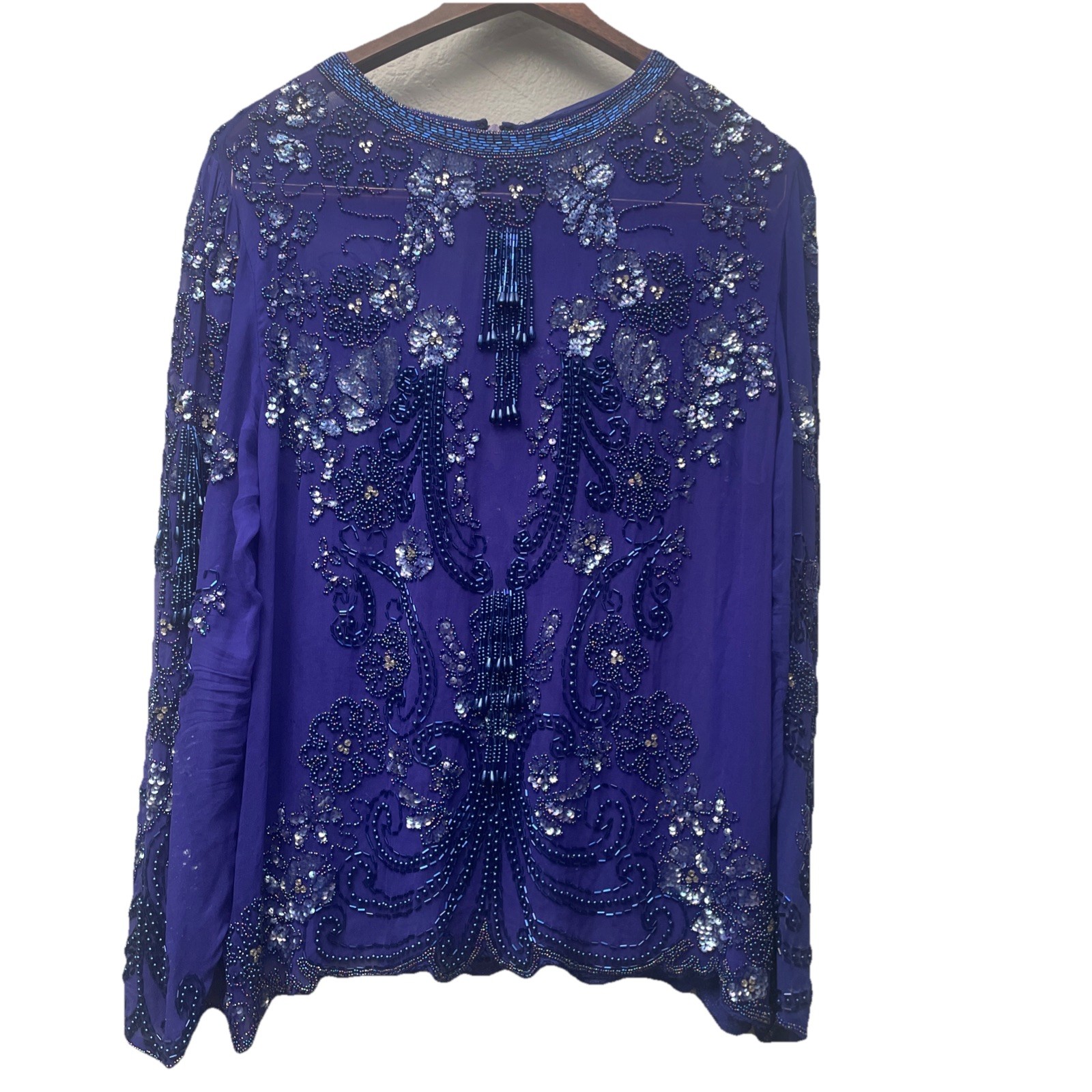 Vintage Royal Blue Beaded 100% Silk Floral Detail Crafted Fringe Sequin Sz Large