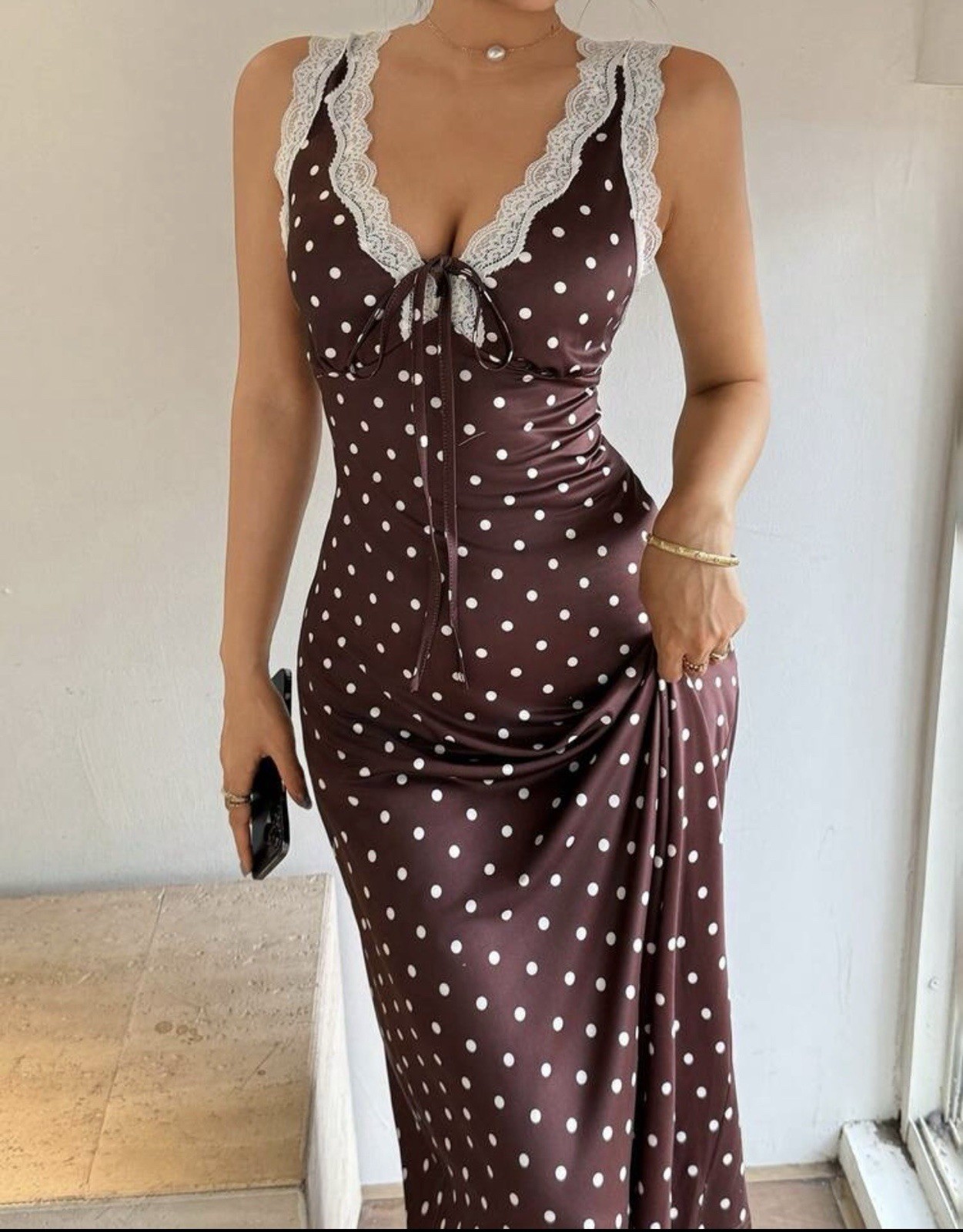 Satiny Soft Chocolate Brown w Polka Dots & Lace Trim NIGHTGOWN Slip GOWN XL NEW