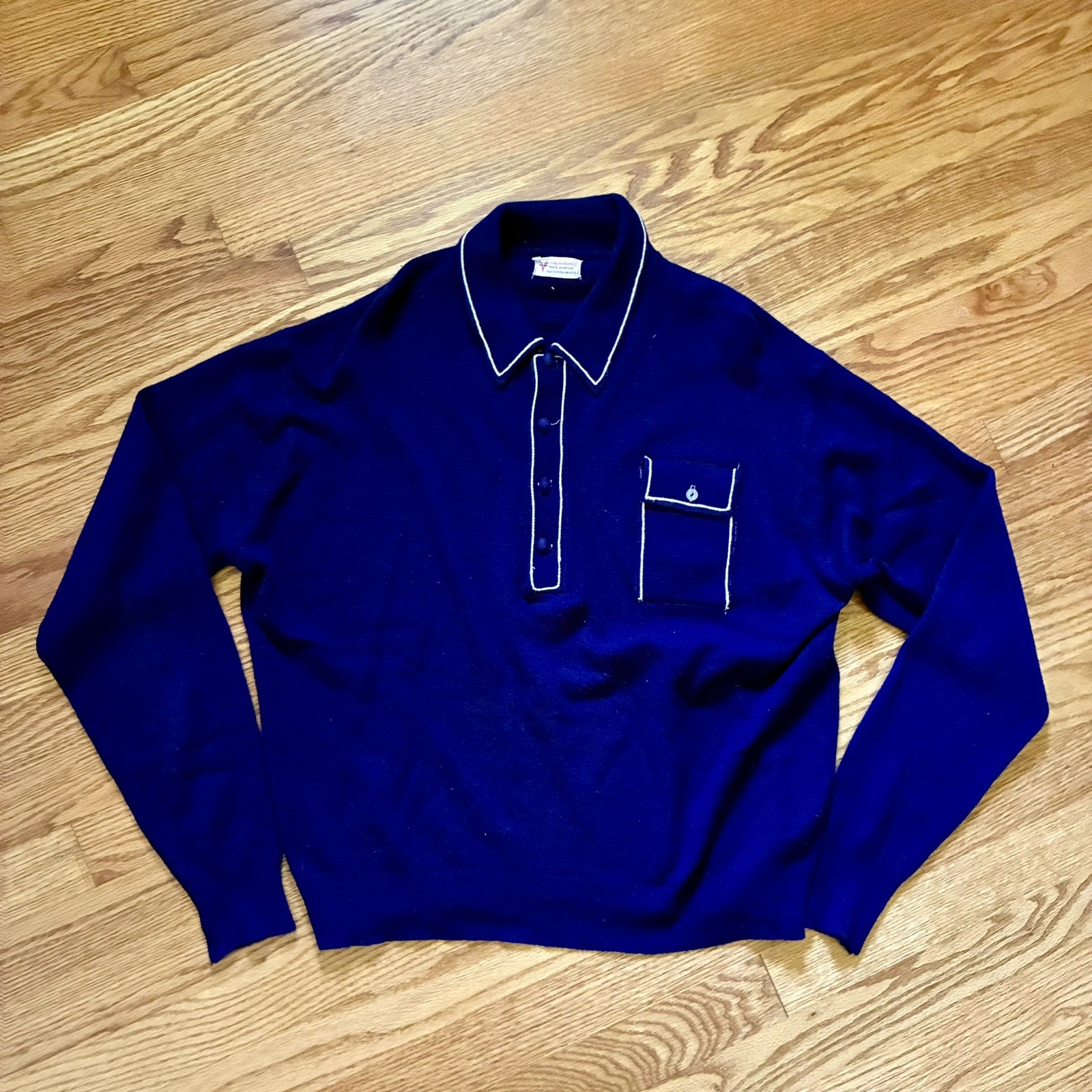VINTAGE 60s/70s Keen Man 100% Acrylic Long-Sleeve Polo Shirt Size Large