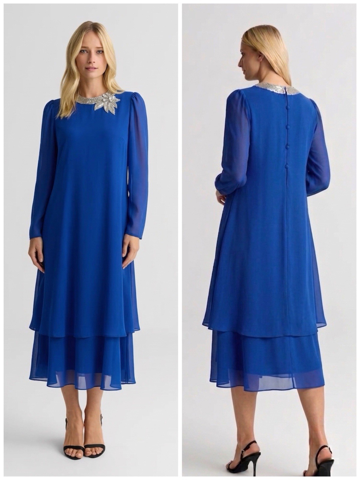 Vintage 80s Cobalt Royal Blue Beaded Chiffon Tiered Midi Dress Size S/M Evening