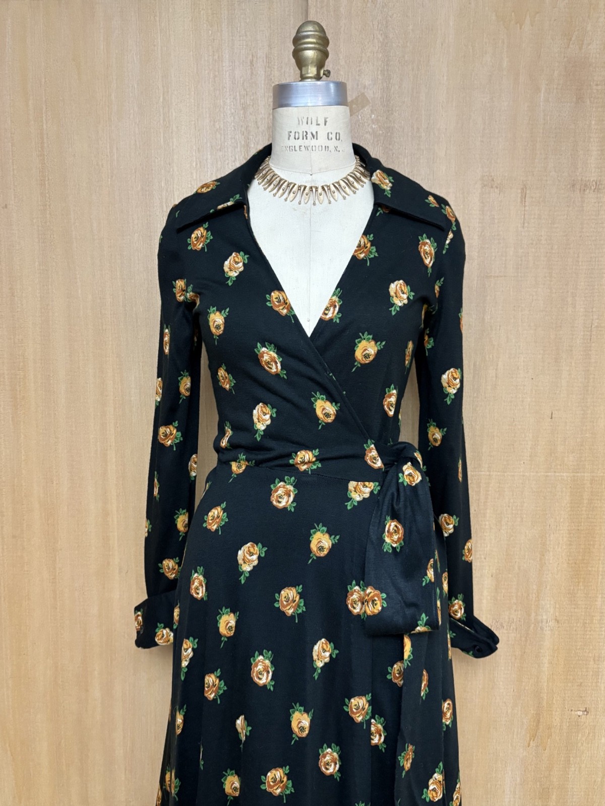 Vintage 1970s Diane Von Furstenberg DVF Black Floral Jersey Wrap Dress S