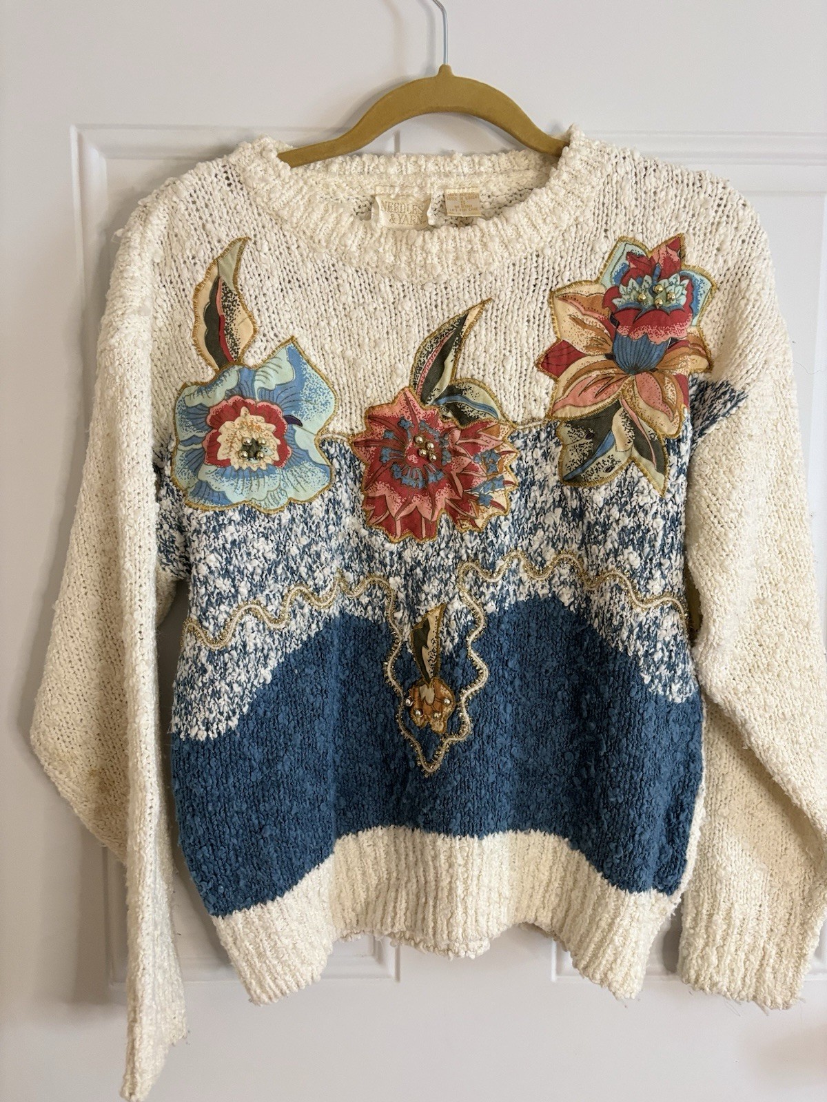 Vintage 80s Needles And Yarn Embroidered And Beaded Knitted Sweater Size s