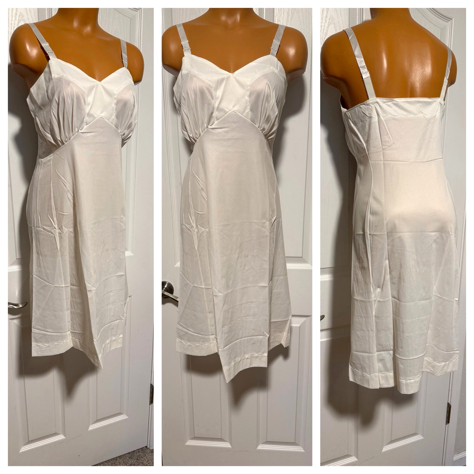 VTG 1960’s NOS MISTEE WHITE W/ SCALLOP TOPSTITCH TRIM FULL SLIP SZ 36-M