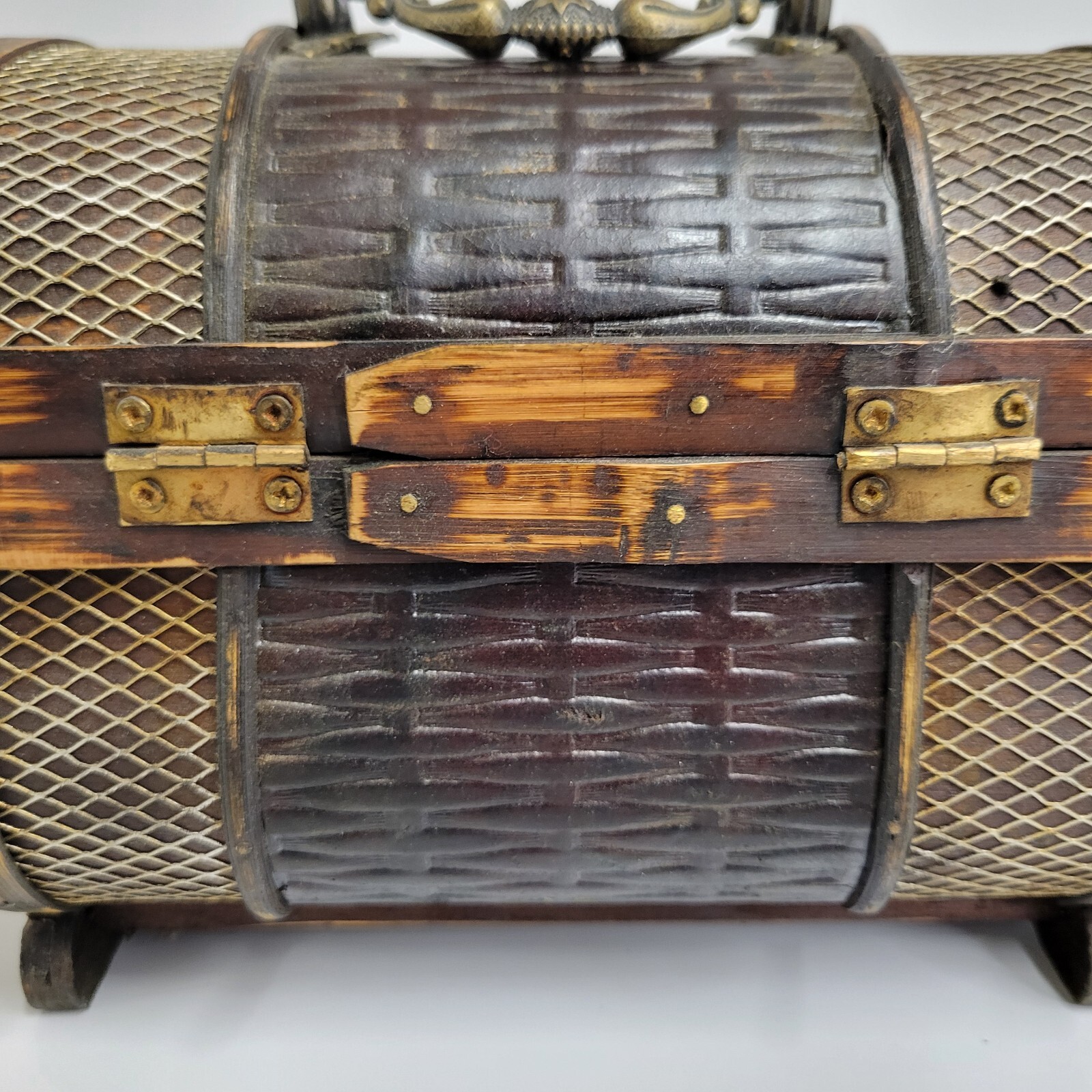 Wood, Metal, & Leather-like Trinket Box Purse Handbag W/ Metal Latch & Hardware