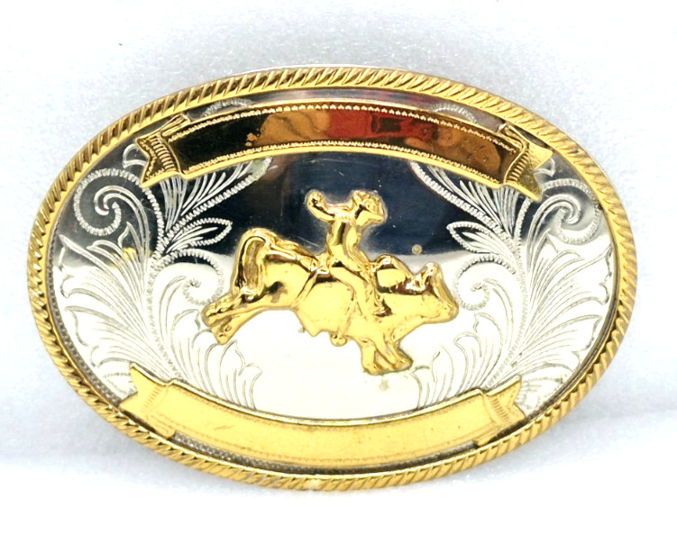 Vintage Rodeo Belt Buckle German Silver & Brass Bull Riding Fits 1 3/4″ Belt