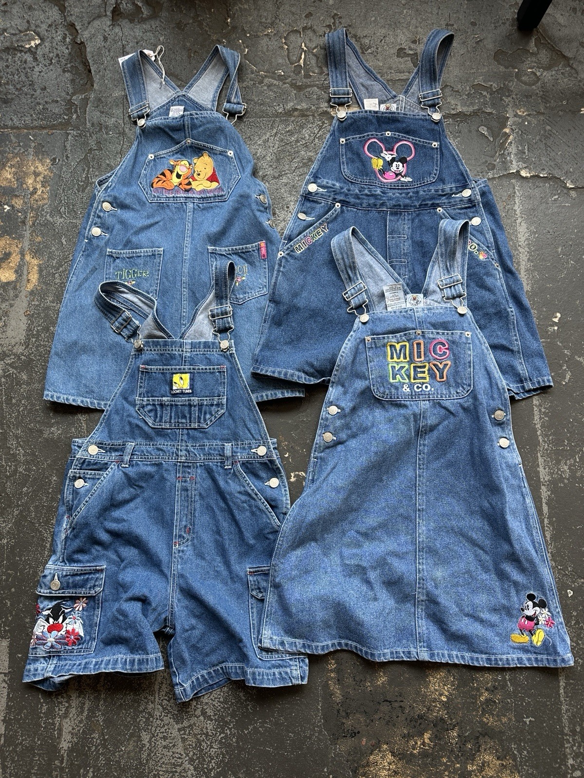 VTG Kids Disney Y2K Denim Overalls Size 10 12 Winnie The Pooh Looney Tunes