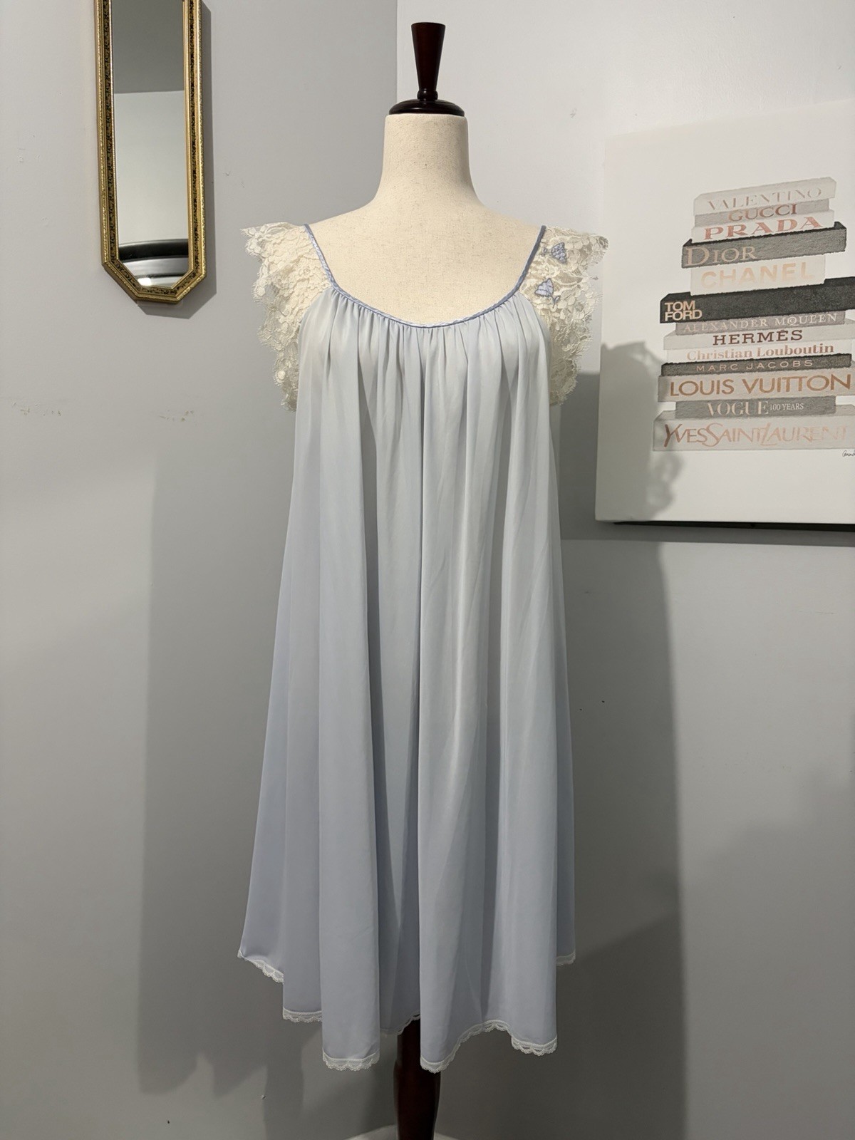 Vintage Lucie Ann Baby Blue Nightgown With Lace Detail Size M-L