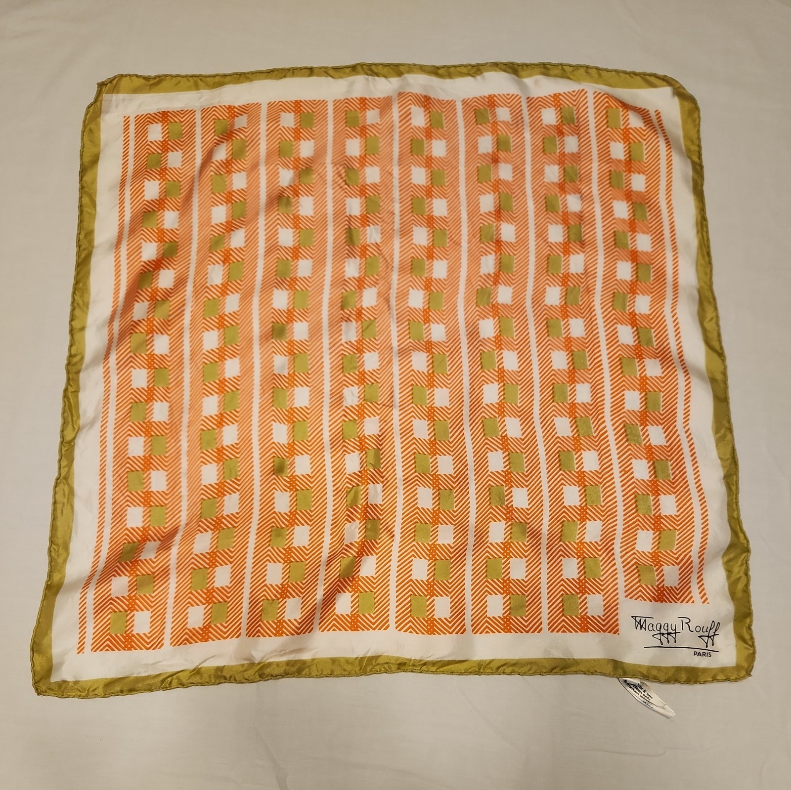 Maggy Rouff 21″ Vintage Silk Retro Orange, Gold And White Scarf; Made In France