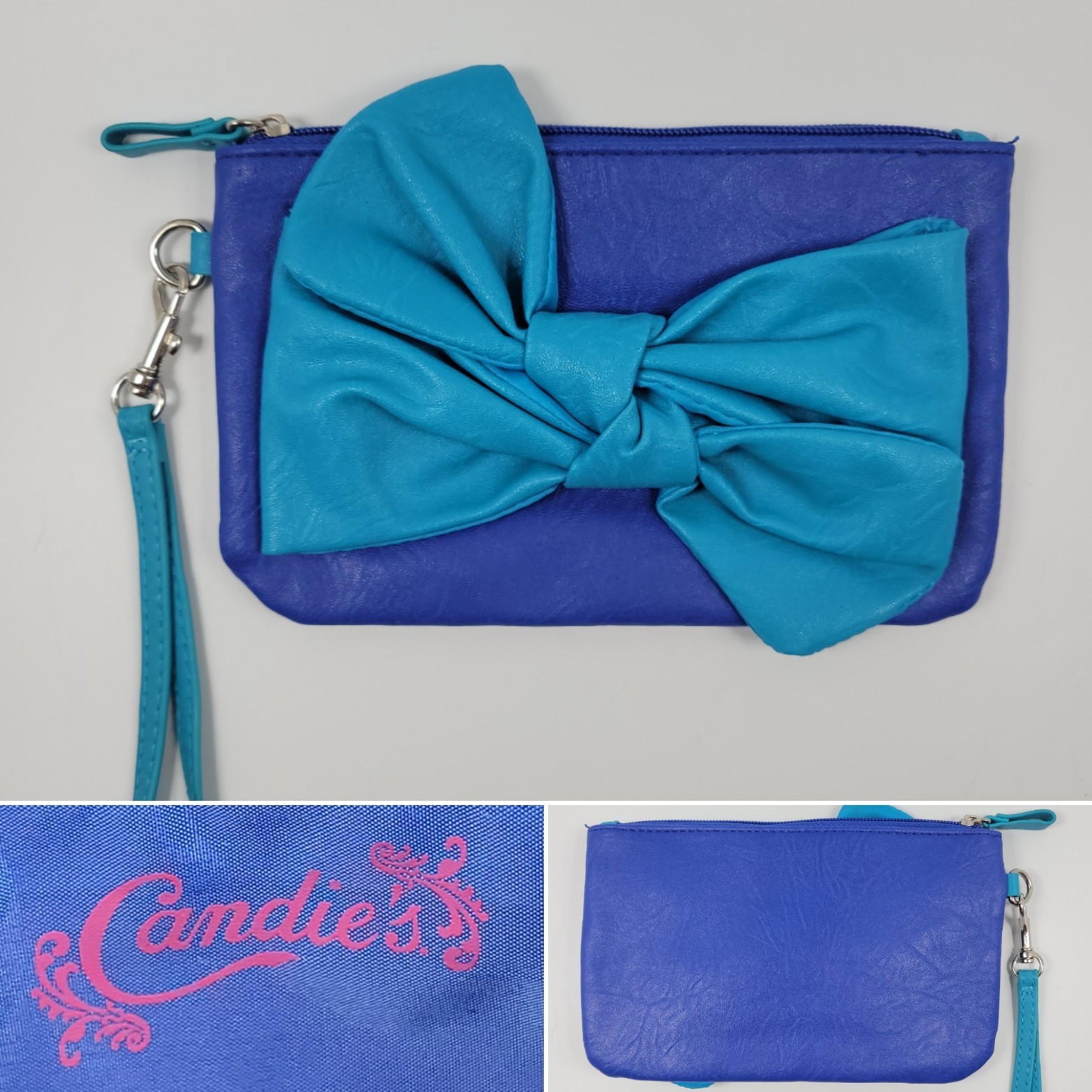 Candie’s Teal Blue Bow Vegan Faux Leather Wristlet Clutch Purse 90s Y2k VTG
