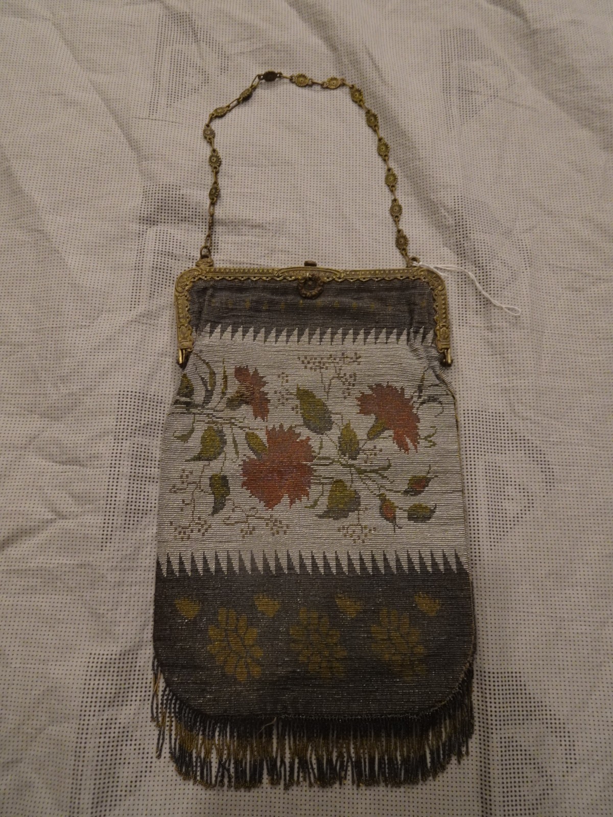 1925 Beaded Floral Purse Multicolor Metal Frame Evening Bag with Fringe