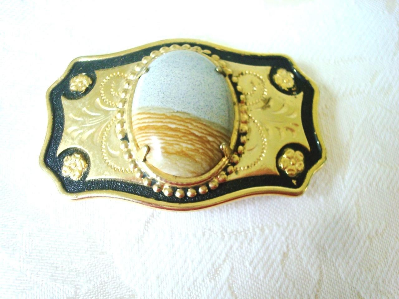 Vintage Gold Tone and Black Belt Buckle Speckled Gray Brown Banded Stone KJ