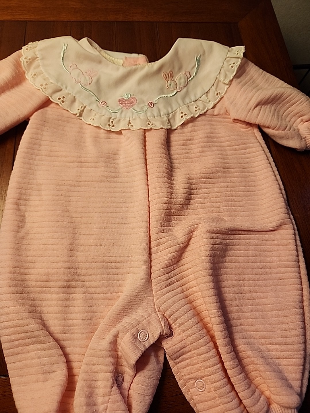 Vtg Baby 80’s Girl Pink Romper Easter Embroidered Bib Ruffle Bunnies 0-6 Month