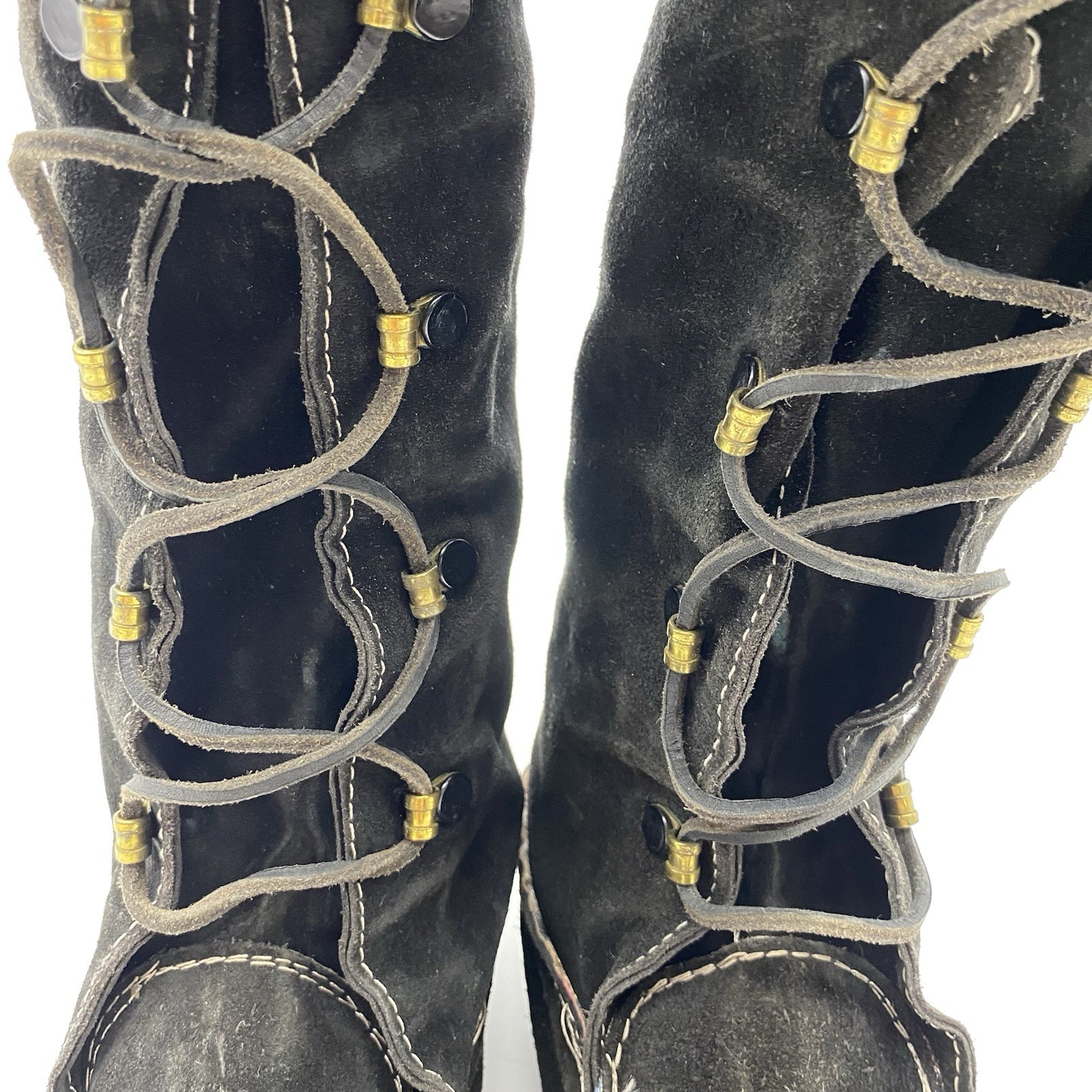 VTG HANDMADE KNEE 15″ BLACK SUEDE LEATHER FRINGE UNISEX WERON MOCCASIN BOOTS 41