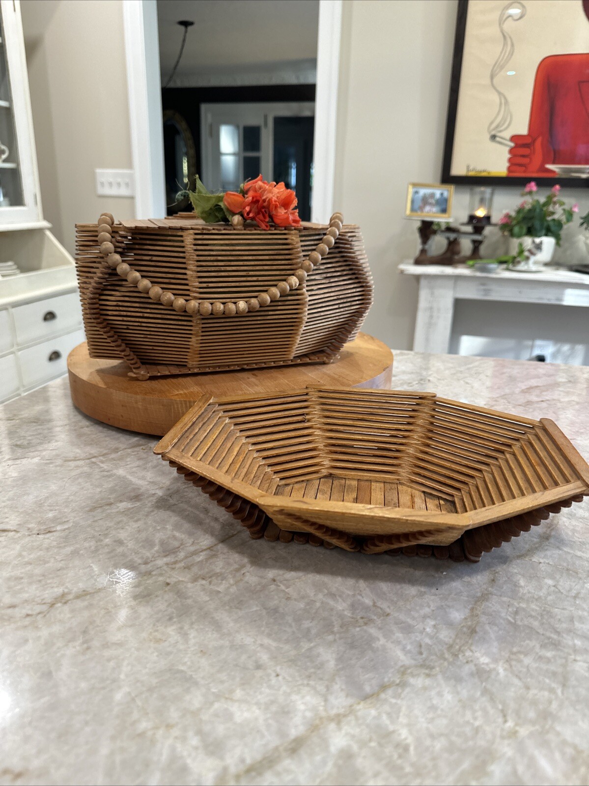 VINTAGE HAND MADE WOOD POPSICLE PURSE BAG W WOOD BEAD HANDLE & Bowl