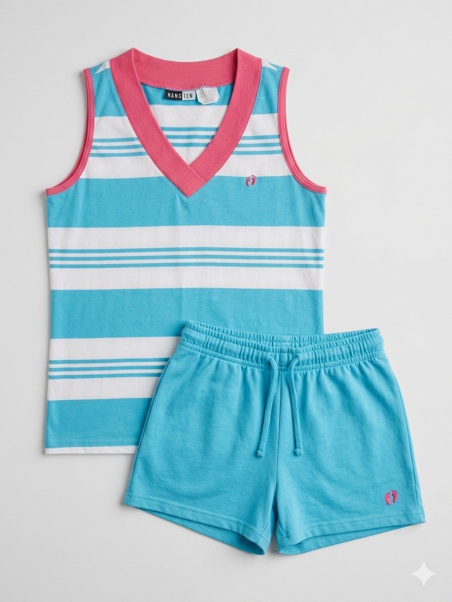 Rare 70/80’s HANG TEN Matching 2-Pc Knit Set Tank Top/Shorts Pink Teal Logo Surf