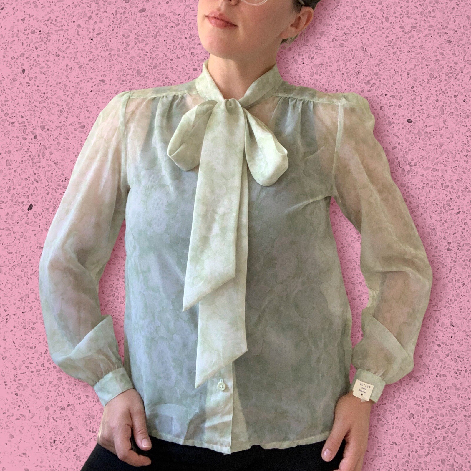 Vintage DEADSTOCK 1970s ACT III Celery Green Sheer Bow Secretary Blouse Size M/L