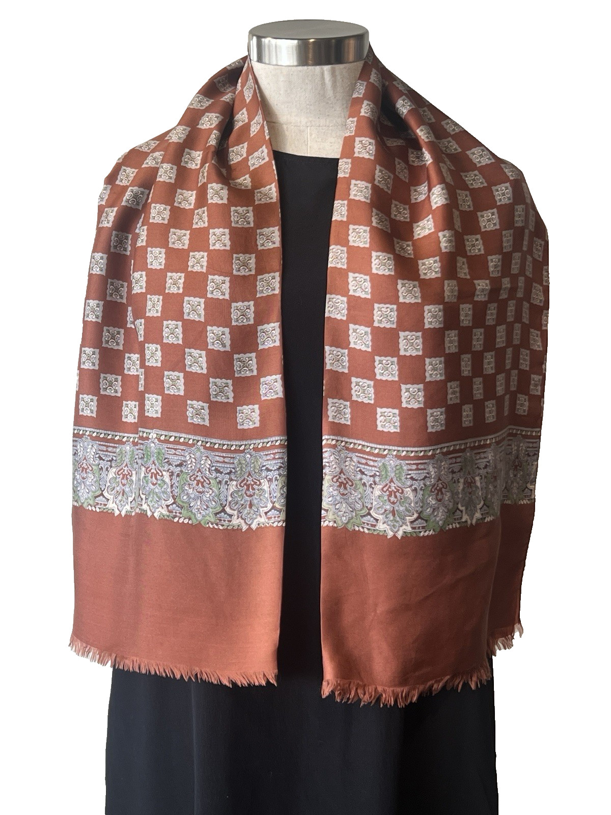Tan/Grey/Green 100% Silk Twill Paisley + Crests Ascot Scarf 57cm x 126cm