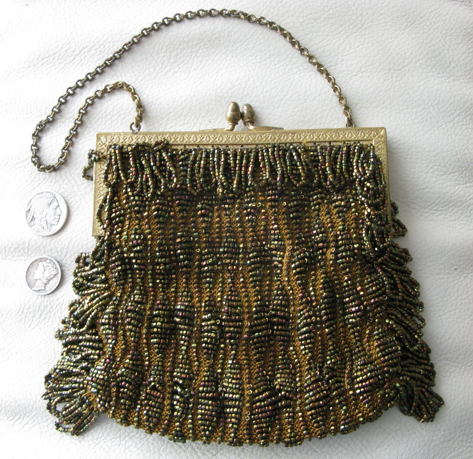 Antique Art Deco Gold Floral Frame Brown Knit Iridescent Copper Bead Purse #3