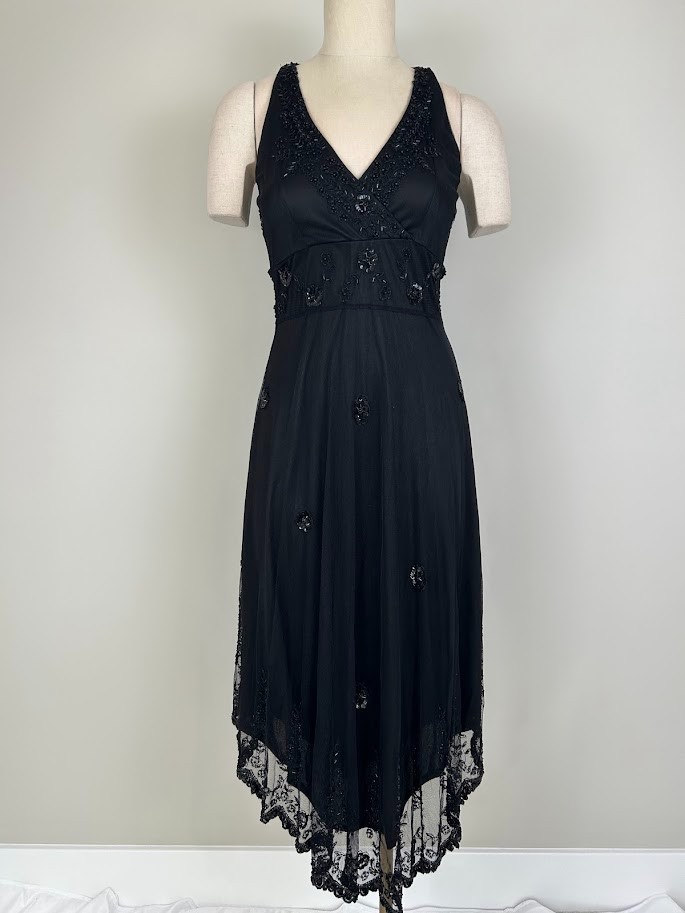 Sténay Vintage Black Beaded Mesh Cocktail Dress Hand Embellished Whimsigoth Lace