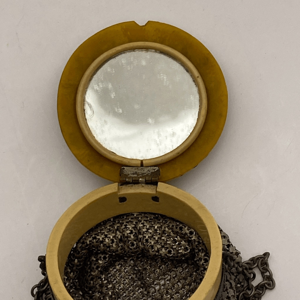 Antique 1920s Metal Mesh Dance Purse Celluloid Lid Faux Pearl Rhinestone Mirror
