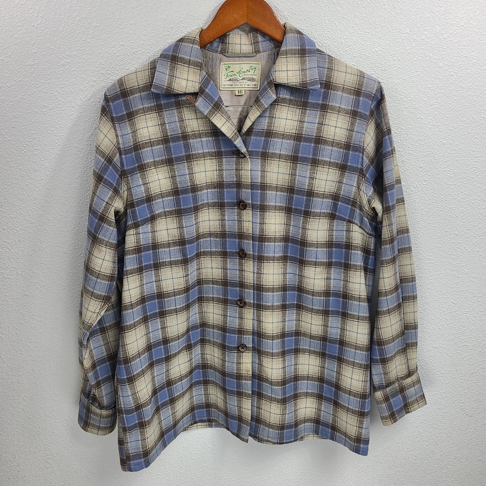 Vintage 50’s gray, blue and brown plaid shacket/shirt from Town & Country 60’s