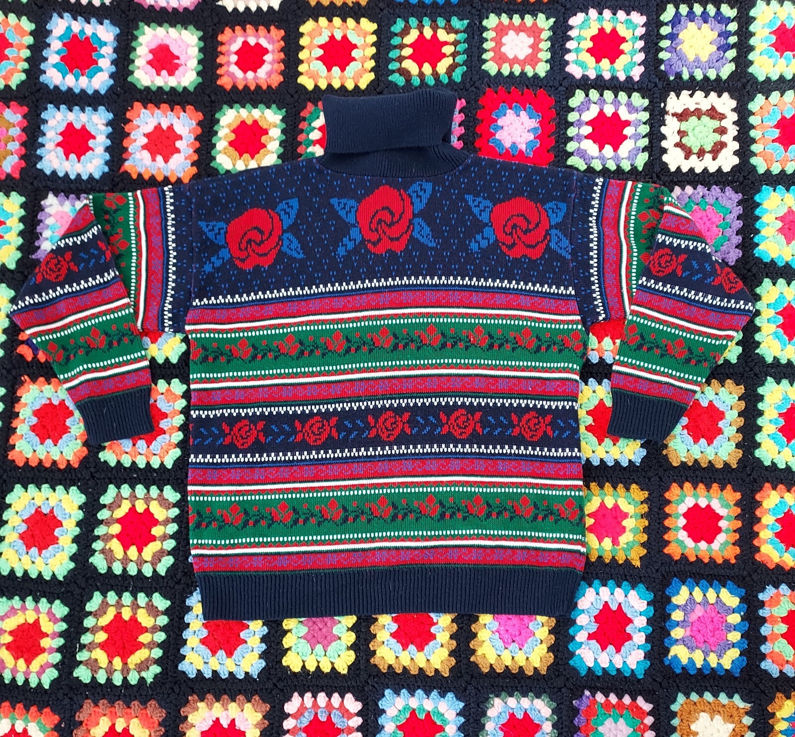 Vintage 80s Stripe Floral Rose Turtleneck Sweater Alberoy Large Made in USA
