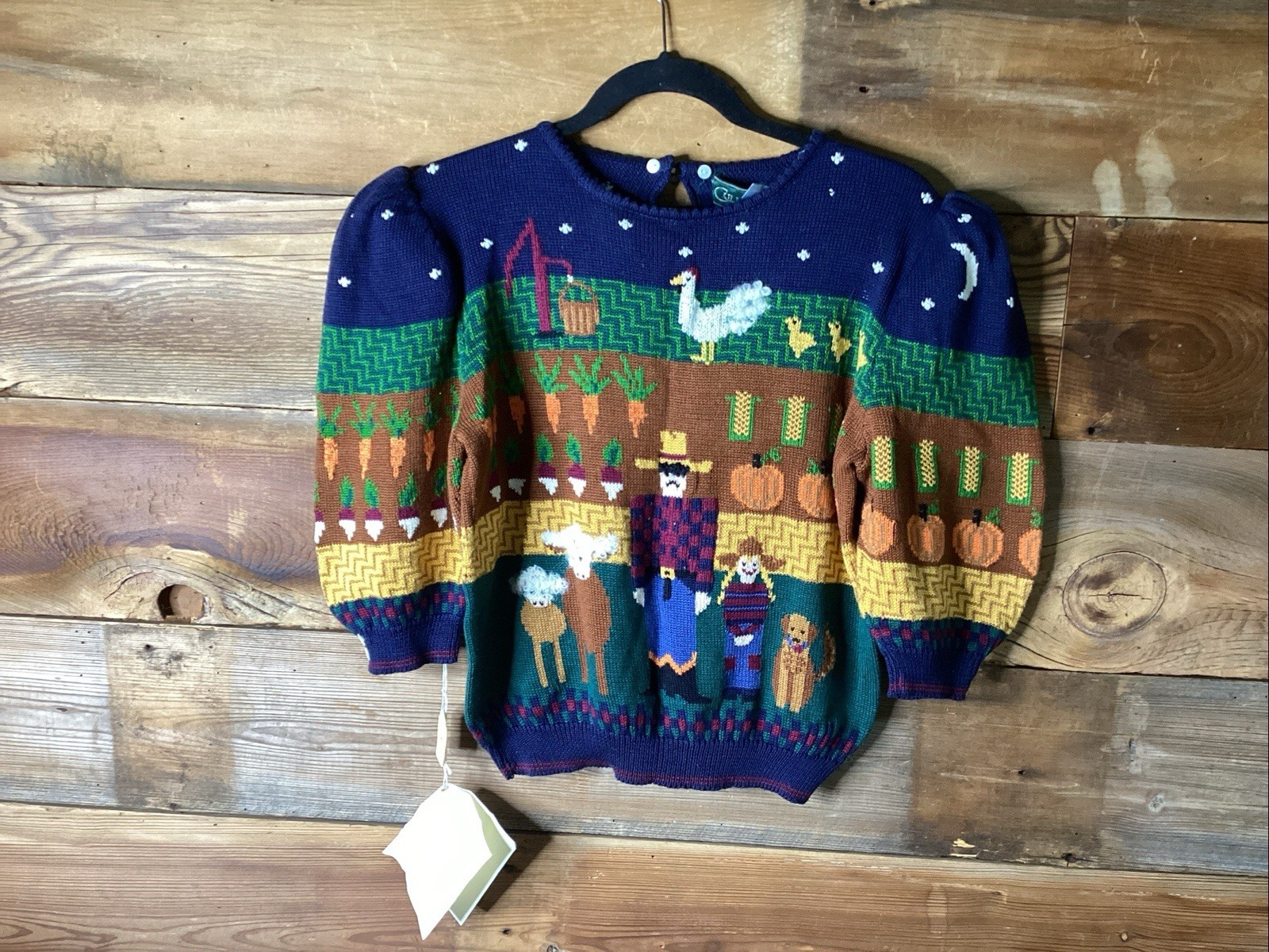 Vtg 80’s Farm Novelty Sweater Short Puff Sleeve Navy Cotton Cullinane Med NEW
