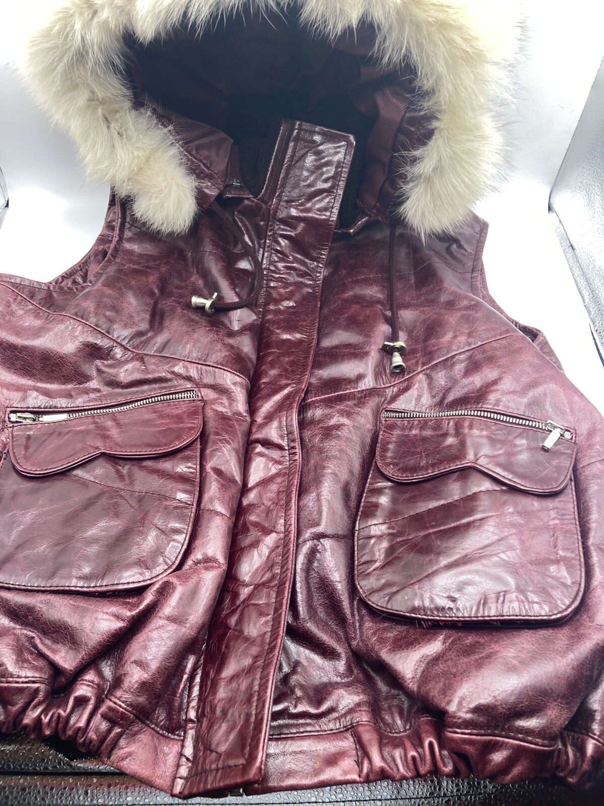Vintage Denyll Leather Vest with Fur Collar Maroon 4XL Runs Small