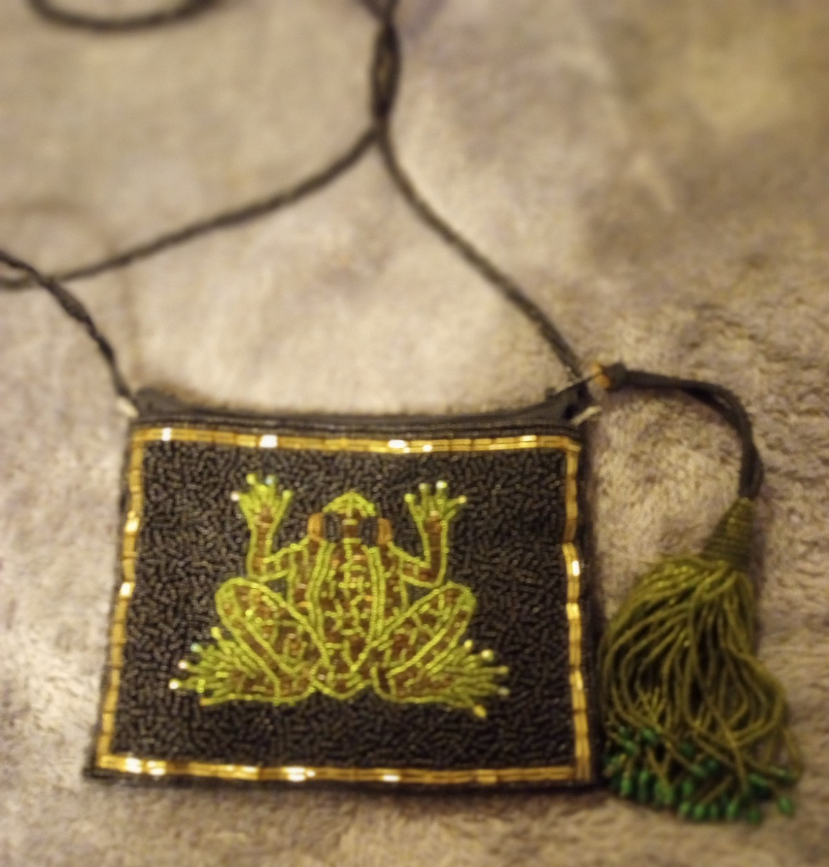 Inge Christopher Beaded Black Frog Green Cross Body Bag Vintage Mardi Gras