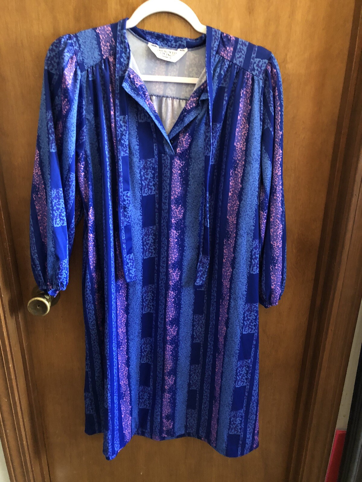 Vintage House Dress Geometric Blue Purple Pink Button Tie Neck Pull Over