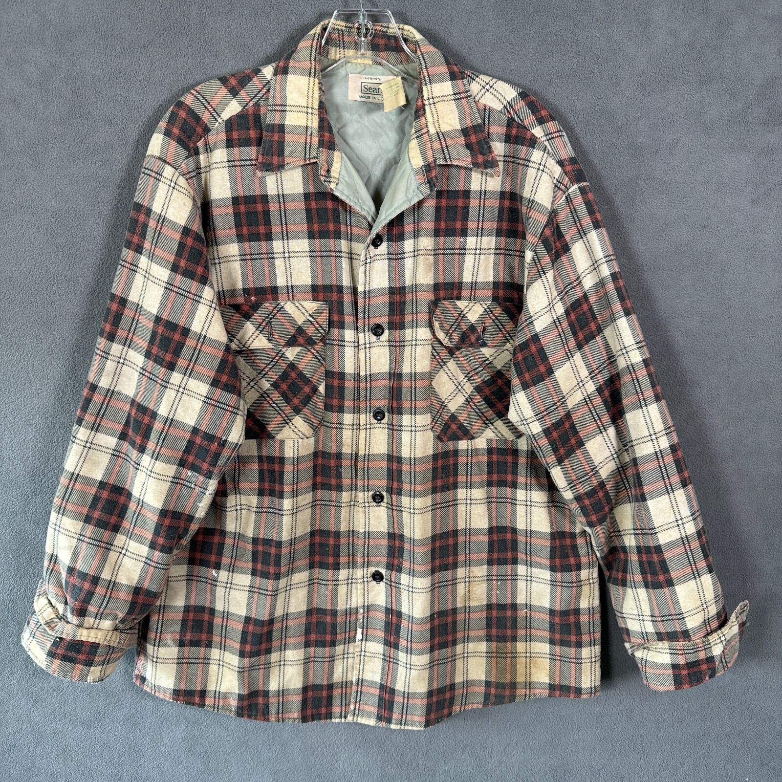 Vintage Sears Flannel Jacket Mens Large Plaid Shacket Lined *Paint on back