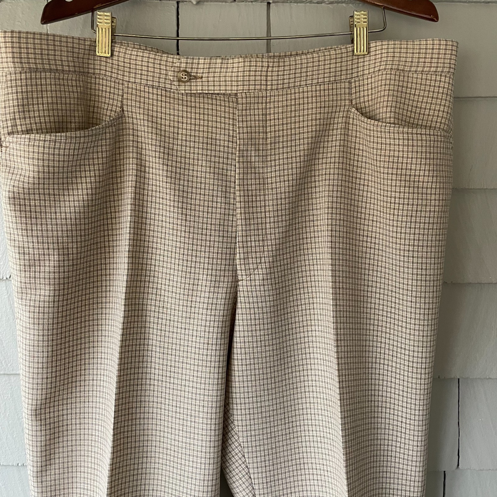 60s Vintage Jaymar Sansabelt Beige Plaid Stretch Waist Mens Slacks Pants 43 x 28