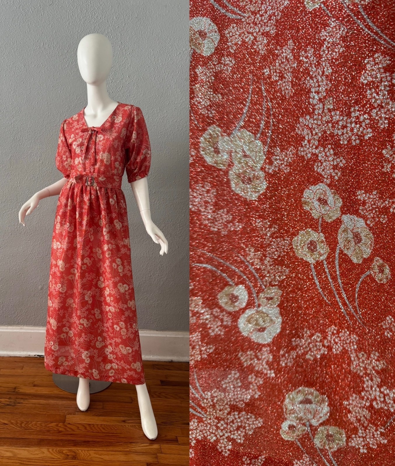 Vintage 70s Red LUREX Disco 3 Pc Poppy Floral Maxi Dress M