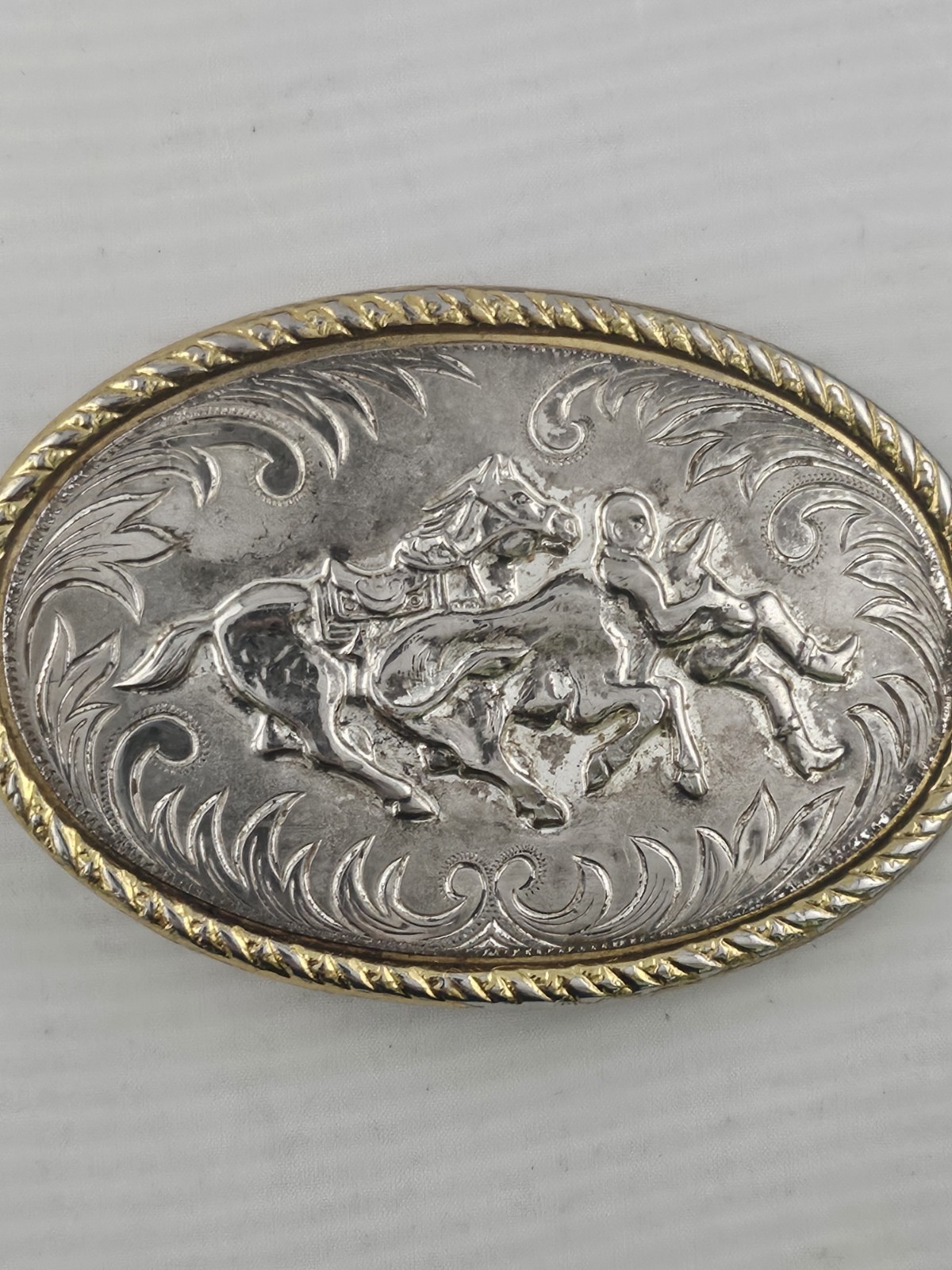 Western Steer Wrestling Cowboy Rodeo Buckle Two Tone Scrolls Free Shipping