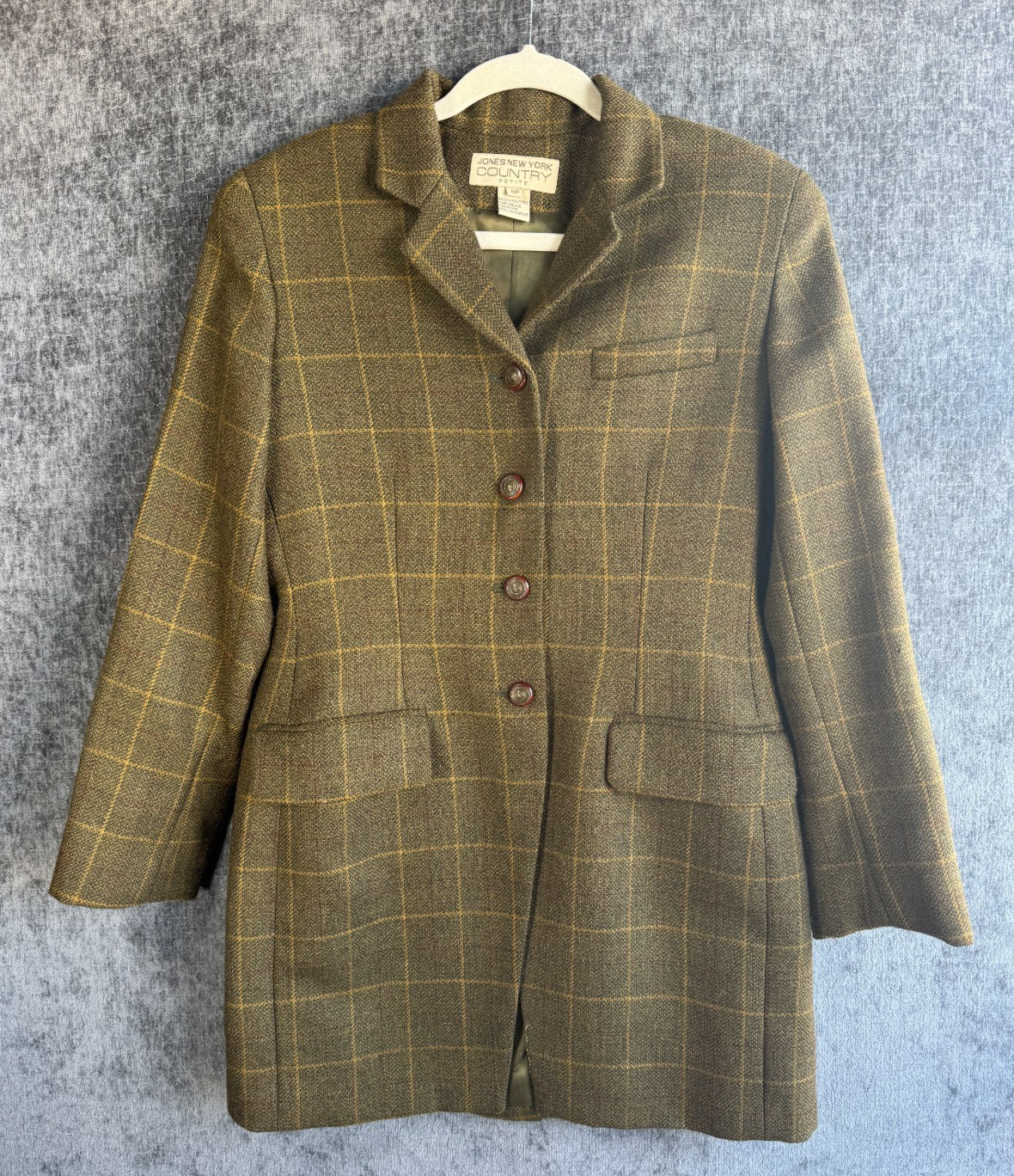Jones New York Country Petite Blazer Jacket 8P Worsted Wool Plaid Longline VTG