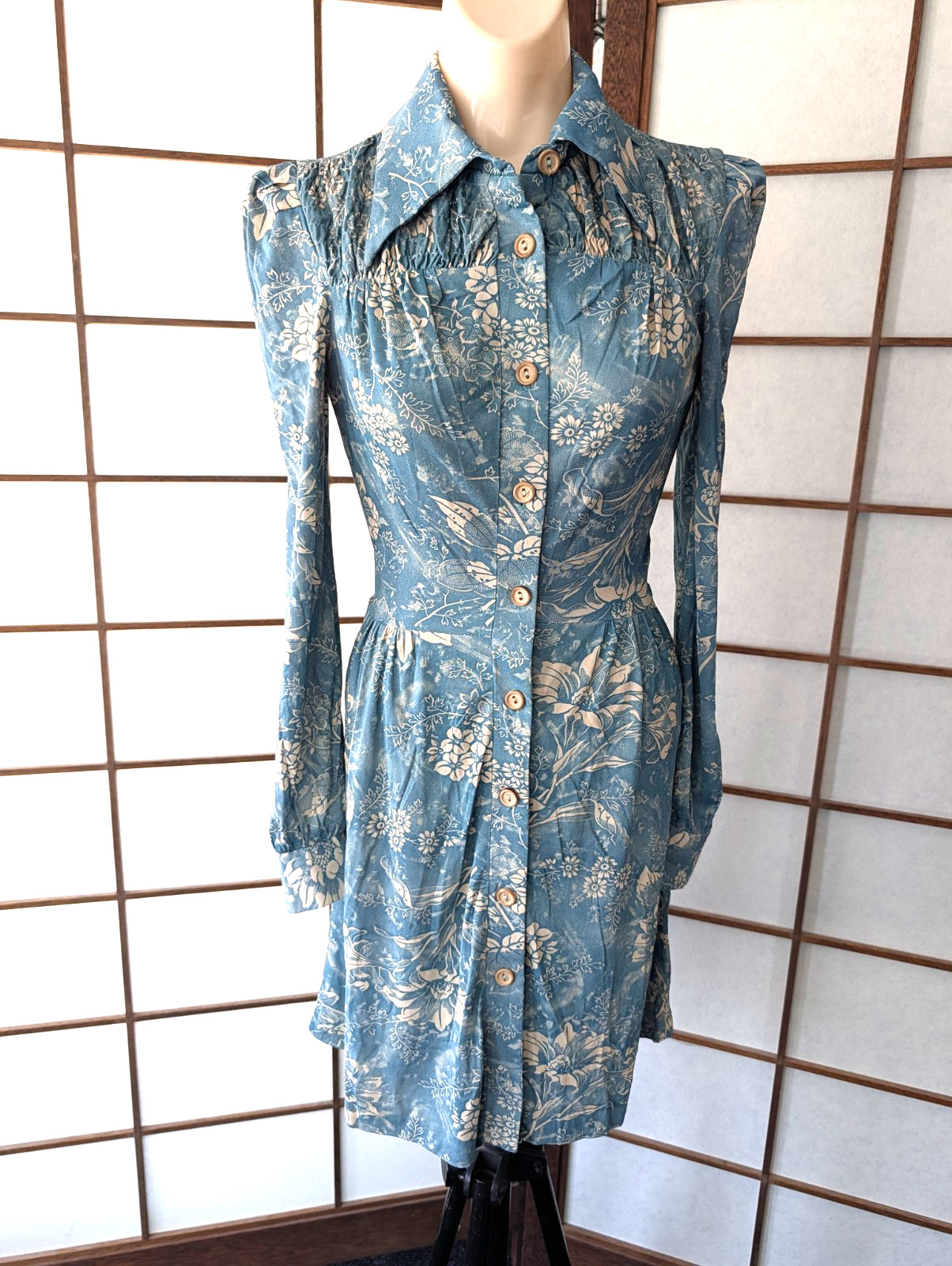 Vintage Young Innocent Arpeja Mini Dress Puffs Sleeves Dagger Collar XS 60s 70s