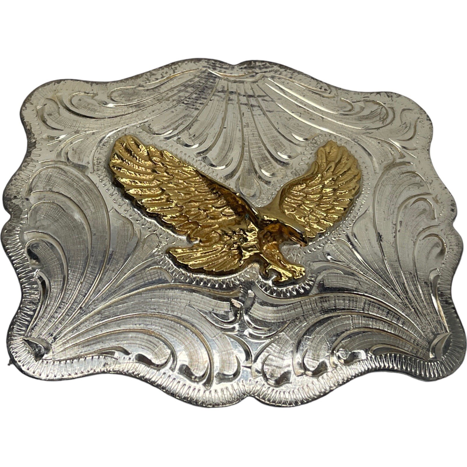 Vintage Alpaca Mexico Etched Nickel Silver/Gold Belt Buckle Eagle 4.25”x 3.5”