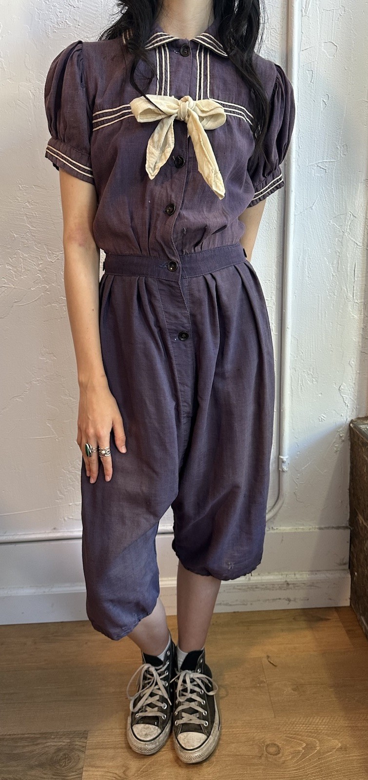 Edwardian Era Swim Bathing Suit Purple Stripes Romper One Piece Antique Vintage