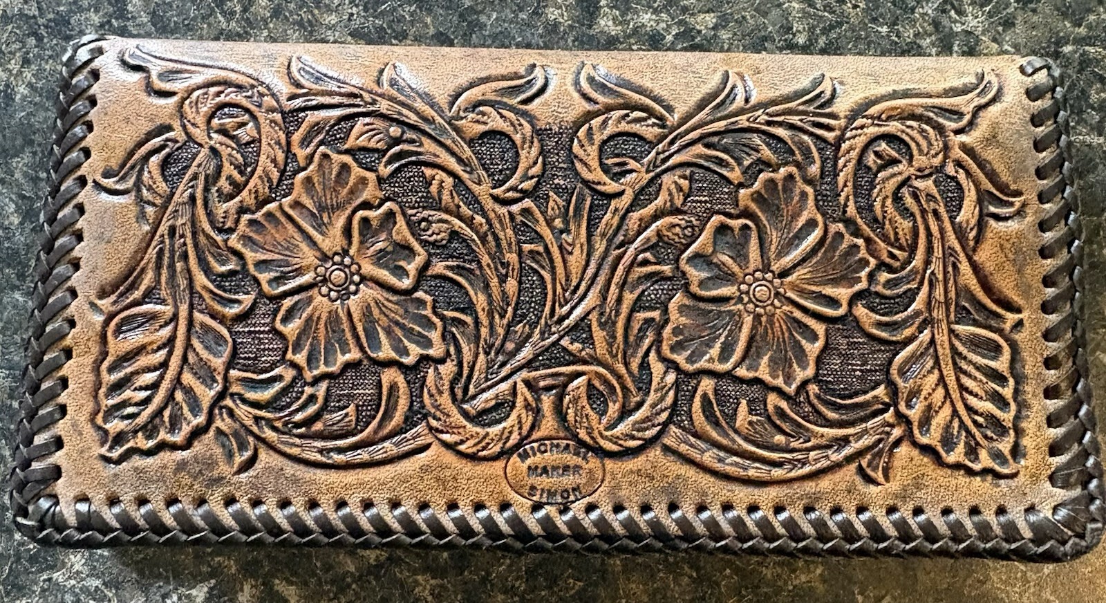 Vintage Michael Simon Tooled Brown Leather Wallet Floral Checkbook Cover