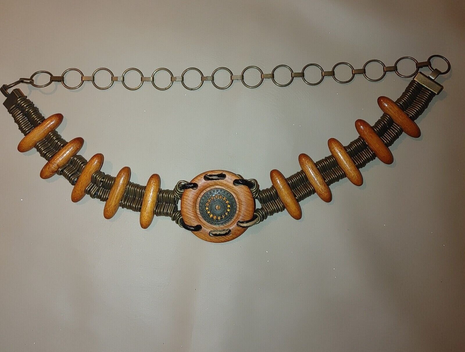 Metal Belt Vintage Boho Rustic Wood Brass Round Decorative Centerpiece Adjust