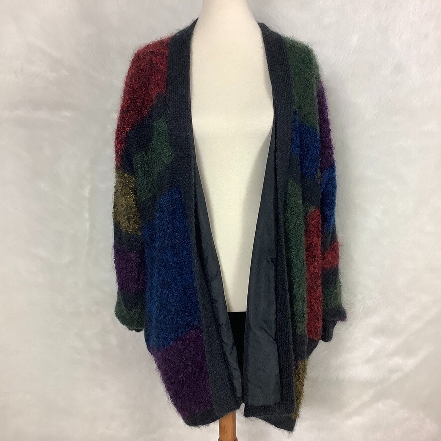 Vintage 80s Black Green Red Blue Colorblock Mohair Open Front Sweater Jacket