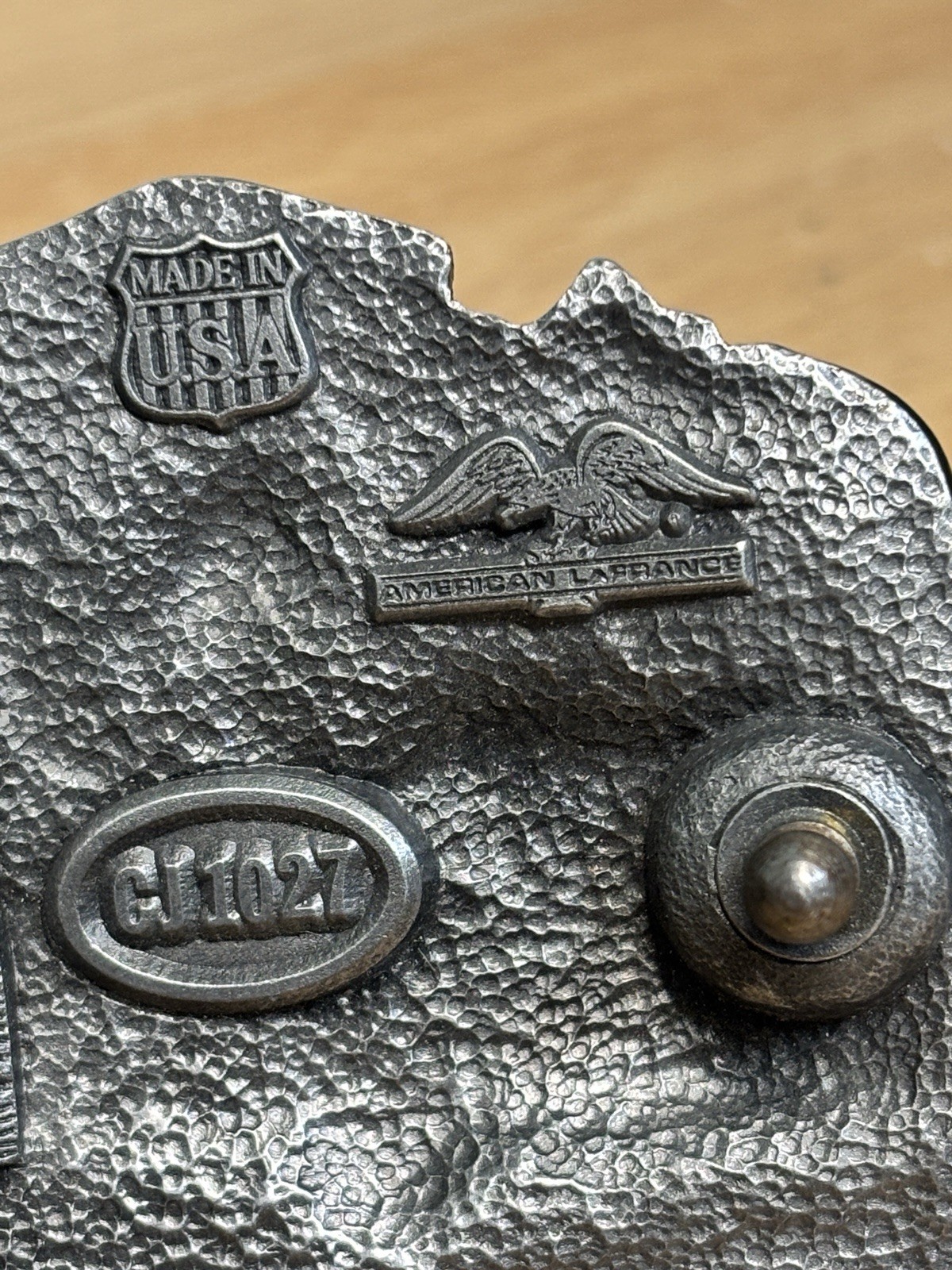 Vintage 1985 C&J America’s Firefighters Belt Buckle Enameled Leather Embossed