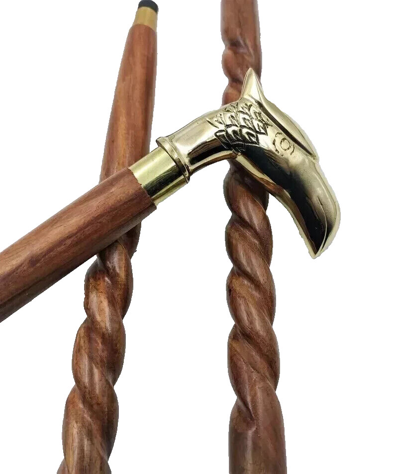Shiny Eagle Head Handle Shiny Brass Finished Wooden Walking Stick Cane For Gift