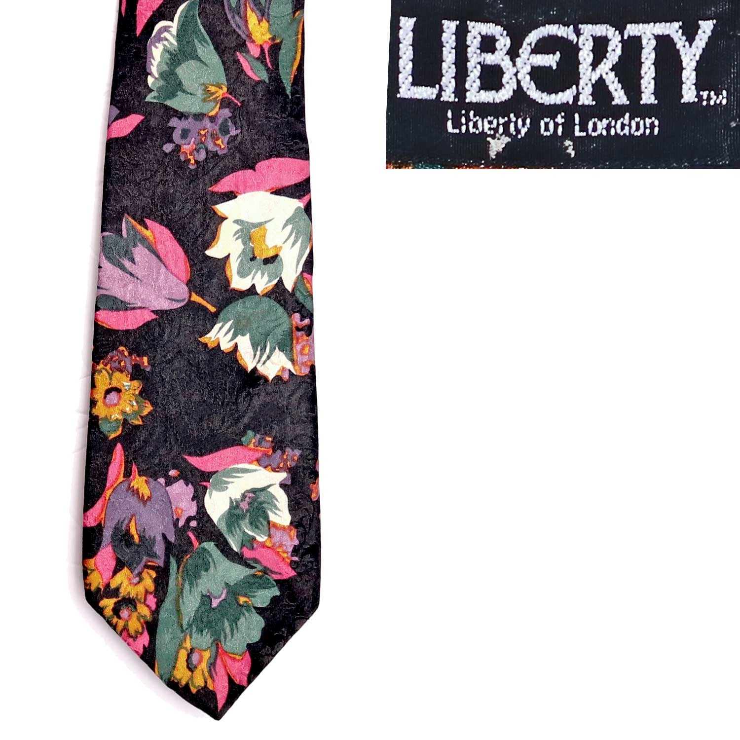 Vintage Liberty of London Silk Damask Necktie Tie Black Floral Jewel Tone Spring